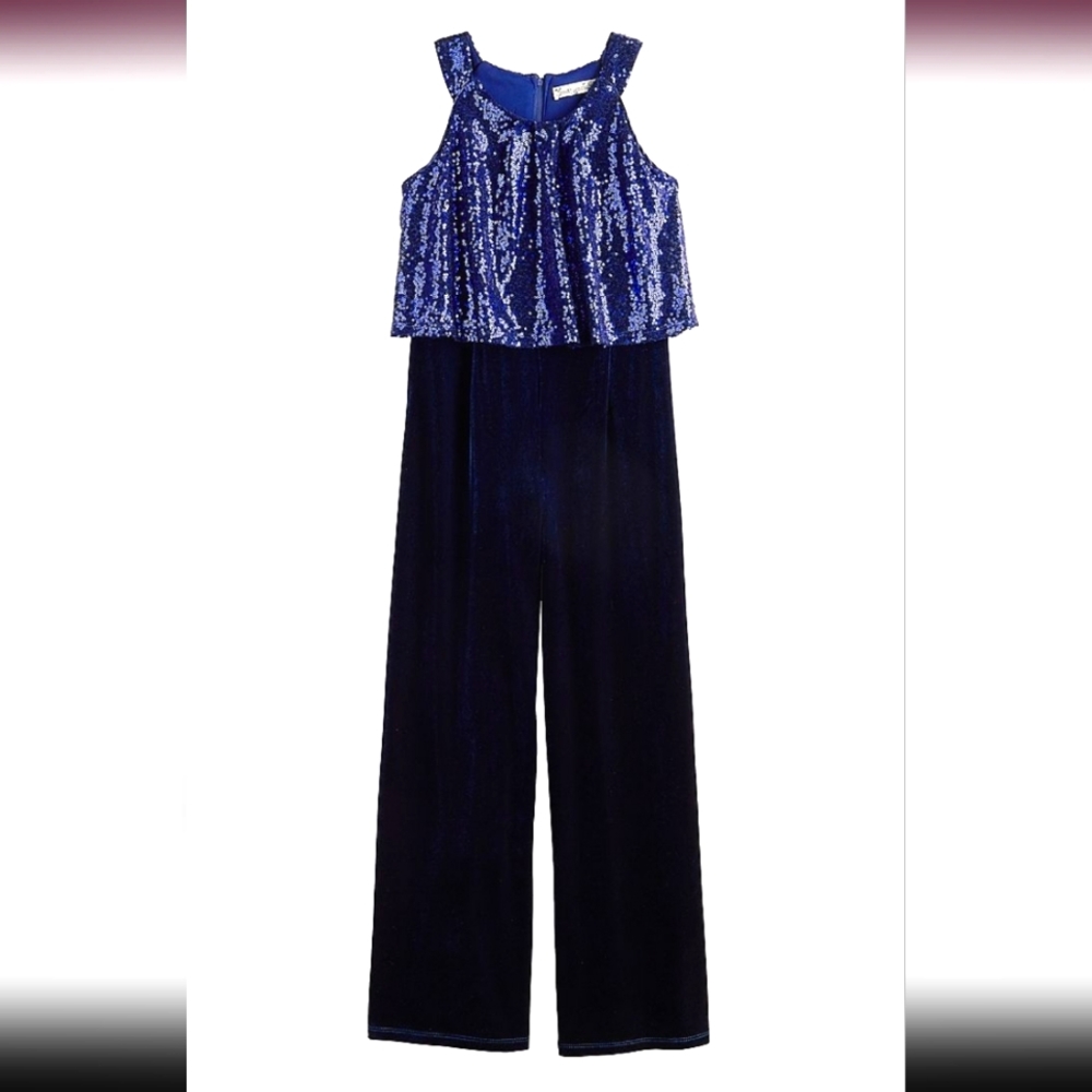 Knit Works Sapphire Blue Velvet Sequin Sleeveless Jumpsuit | Girls Size 3XL 22.5